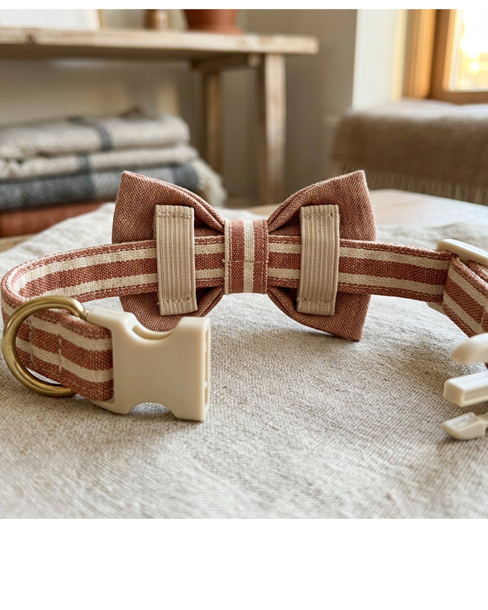 Basy Woven Cotton Pet Collar 30-46 cm Rust Stripe with Removable Bow - Detail view